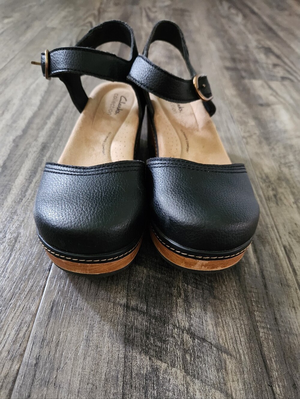 Clarks Paizlee Bay Black Leather Clog Wood-Effect Platform Ankle Strap Sandals - Picture 4 of 10